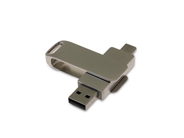 USB 2.0- флешка на 16 Гб поворотный механизм 2 в 1, c дополнительным разъемом Type-C с одноцветным металлическим клипом