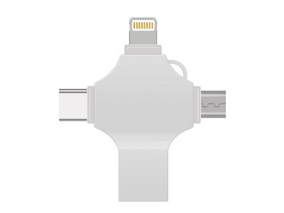 USB-флешка на 256 Гб 4 в 1 поворотный механизм, c дополнительными разъемами MicroUSB, TypeC и Lightning