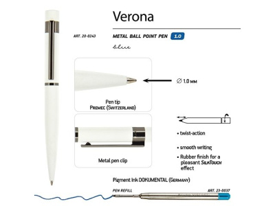 Ручка "Verona" шариковая автоматическая, белый металлический корпус, 1.0 мм