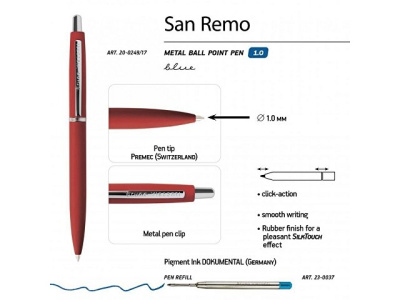 Ручка "SAN REMO" шариковая, автоматическая, красный  металлический корпус 1.00 мм