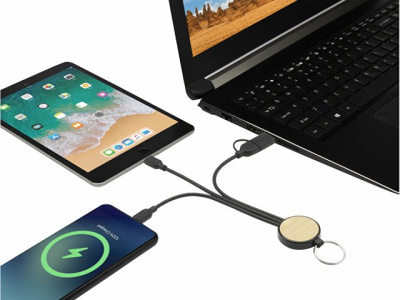Кабель для зарядки Tecta «6 в 1» из переработанного пластика/бамбука с брелком
