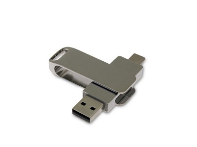USB 2.0- флешка на 16 Гб поворотный механизм 2 в 1, c дополнительным разъемом Type-C с одноцветным металлическим клипом, серебристый