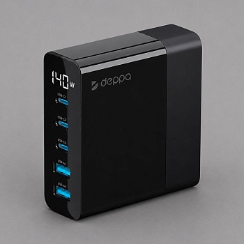 Зарядная станция 3xUSB Type-C, 2xUSB, PD, QC, 140Вт, черный