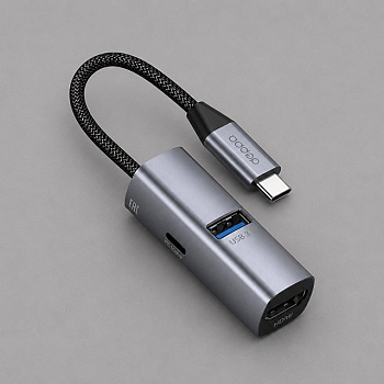 USB-хаб 3 в 1 USB-C - USB-A3.0 + USB-C PD100Вт + HDMI, серый