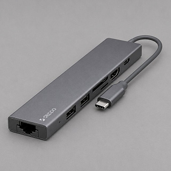 USB Type-C хаб 7-в-1, HDMI, Power Delivery, 2xUSB 3.0, RJ45, microSD/SD, графит