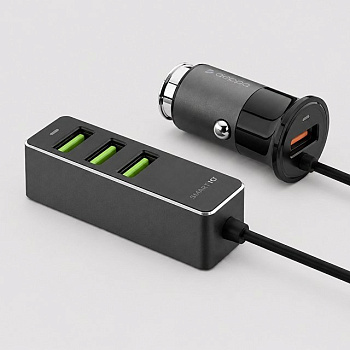 АЗУ 1 USB + 3 USB для пассажиров, QC 3.0, 7А, алюминий, графит