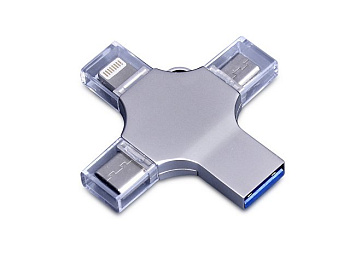 USB-флешка на 256 Гб 4 в 1 поворотный механизм, c дополнительными разъемами MicroUSB, TypeC и Lightning