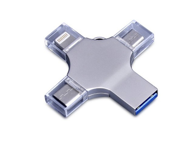 USB-флешка на 256 Гб 4 в 1 поворотный механизм, c дополнительными разъемами MicroUSB, TypeC и Lightning