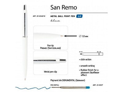 Ручка "SAN REMO" шариковая, автоматическая, белый металлический корпус 1.00 мм