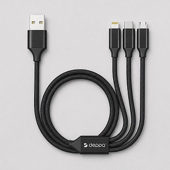 Дата-кабель 3 в 1: micro USB, USB-C, Ligthning, алюминий, 1.2м, черный