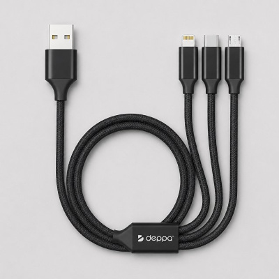 Дата-кабель 3 в 1: micro USB, USB-C, Ligthning, алюминий, 1.2м, черный, Deppa