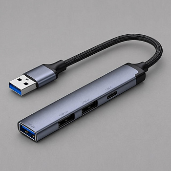 USB-хаб USB-A 3.0 + 2xUSB-A 2.0 + USB-C, серый